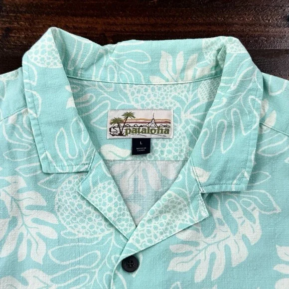 Patagonia Pataloha Shirt Men's Lg Aqua Blue Hawaiian Floral Fern Organic Cotton - Picture 4 of 11